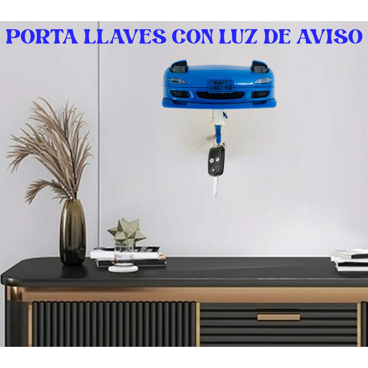 GENERICO - PORTA LLAVES DE PARED ORGANIZADOR FORMA AUTO AZUL CON LUCES