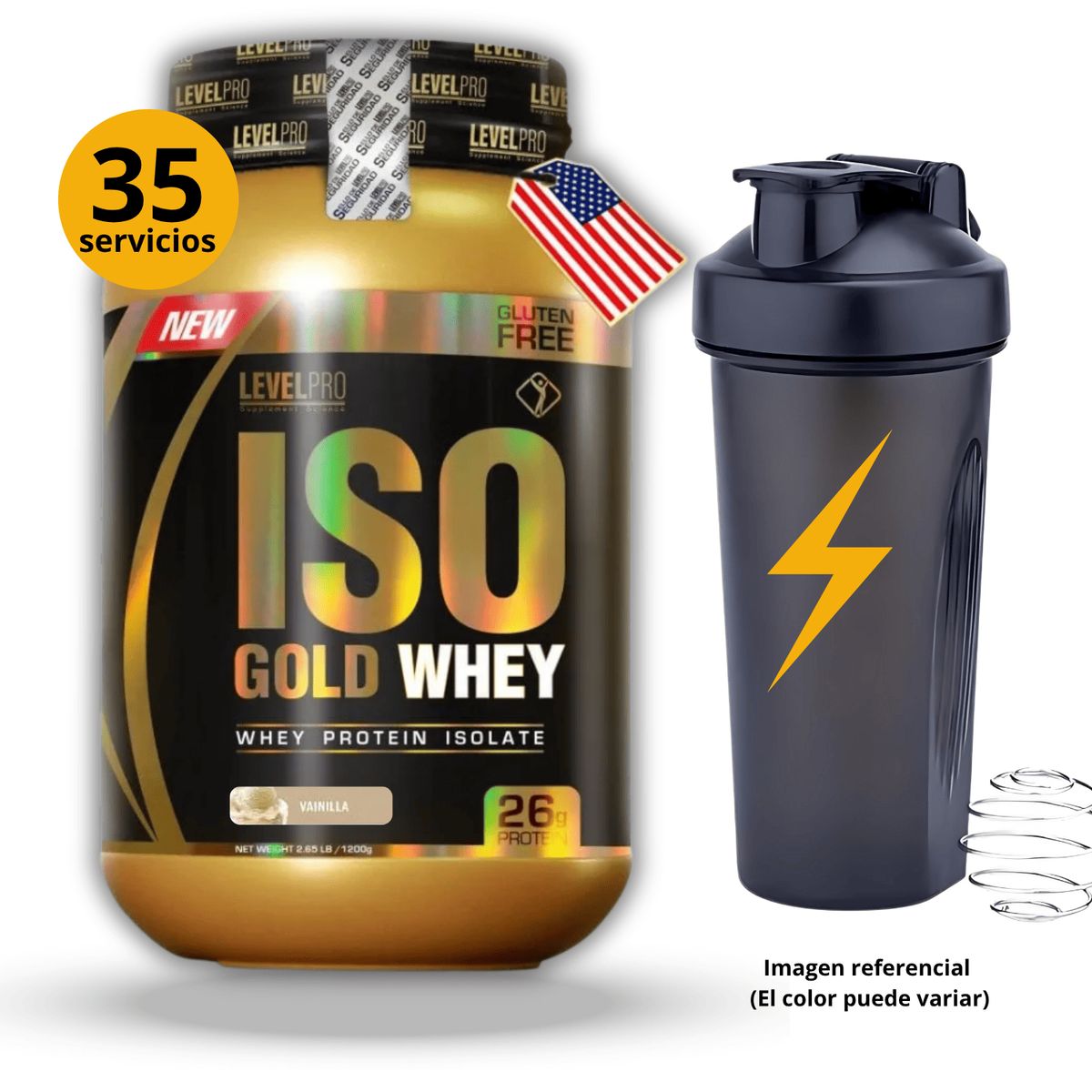 LEVEL PRO - ISO GOLD WHEY DE 1kg VAINILLA CON SHAKER - PROTEÍNA ISOLATADA