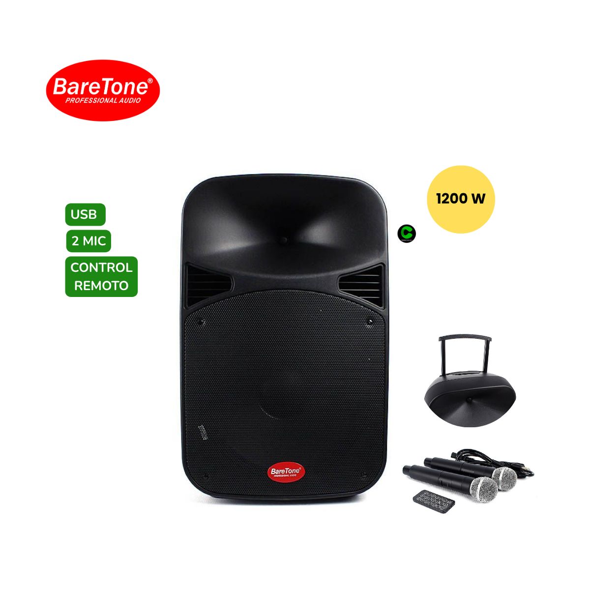 BARETONE - Parlante activo 15 BARETONE MAX-15MHWR 2UHF 1200W