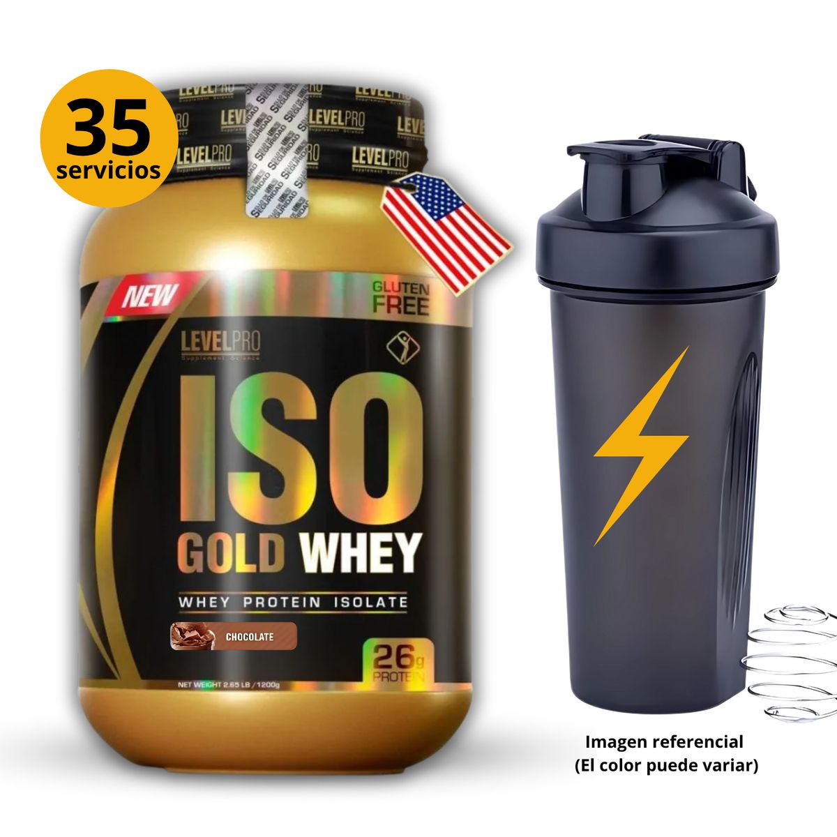 LEVEL PRO - ISOGOLDWHEY DE 1kg CHOCOLATE CON SHAKER - PROTEÍNA ISOLATADA