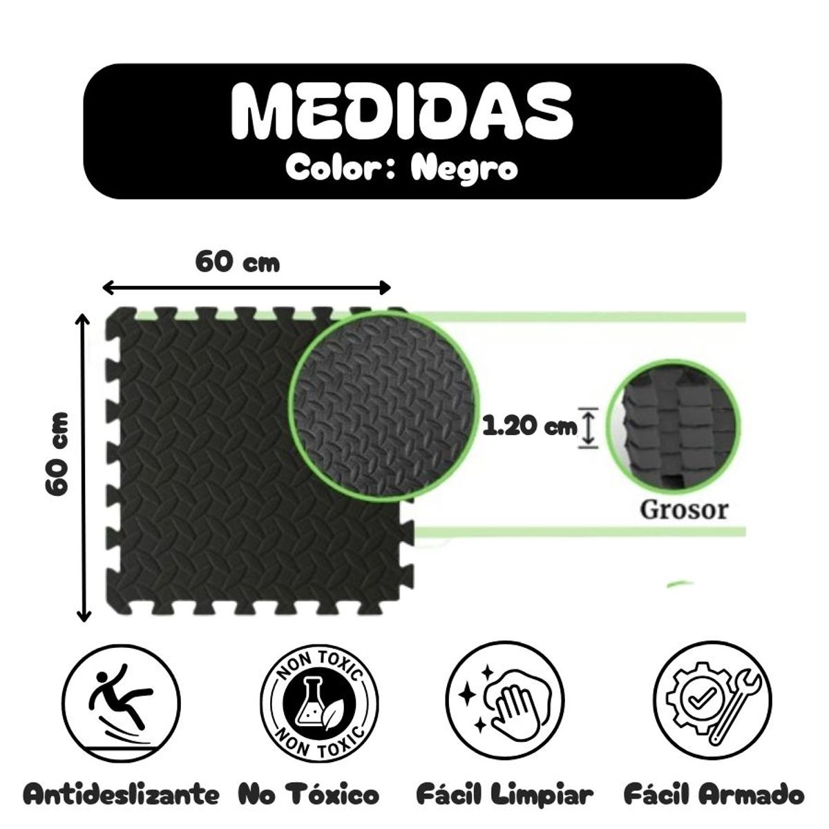 GENERICO - Piso de Goma EVA  NEGRO de 60 cm x 60 cm x 1.20 cm - 04 unid.