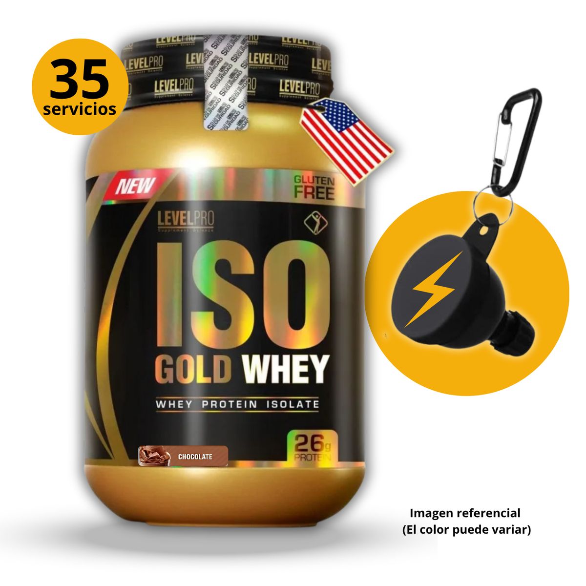 LEVEL PRO - ISO GOLD WHEY DE 1kg CHOCOLATE CON PORTASUPLES - PROTEÍNA ISOLATADA