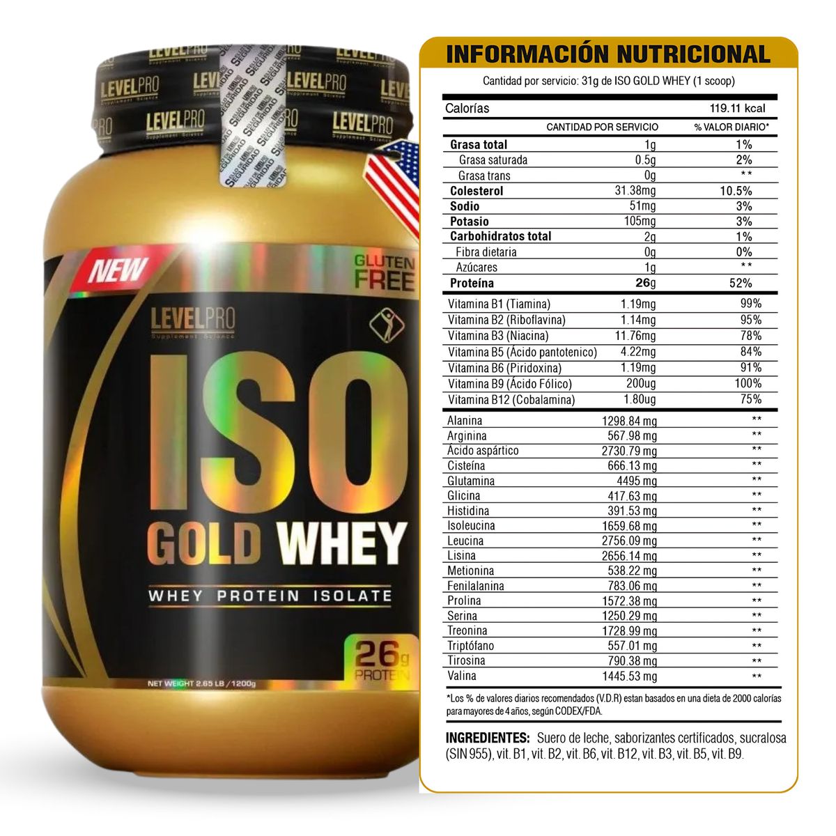 LEVEL PRO - ISO GOLD WHEY DE 1kg CHOCOLATE CON PORTASUPLES - PROTEÍNA ISOLATADA