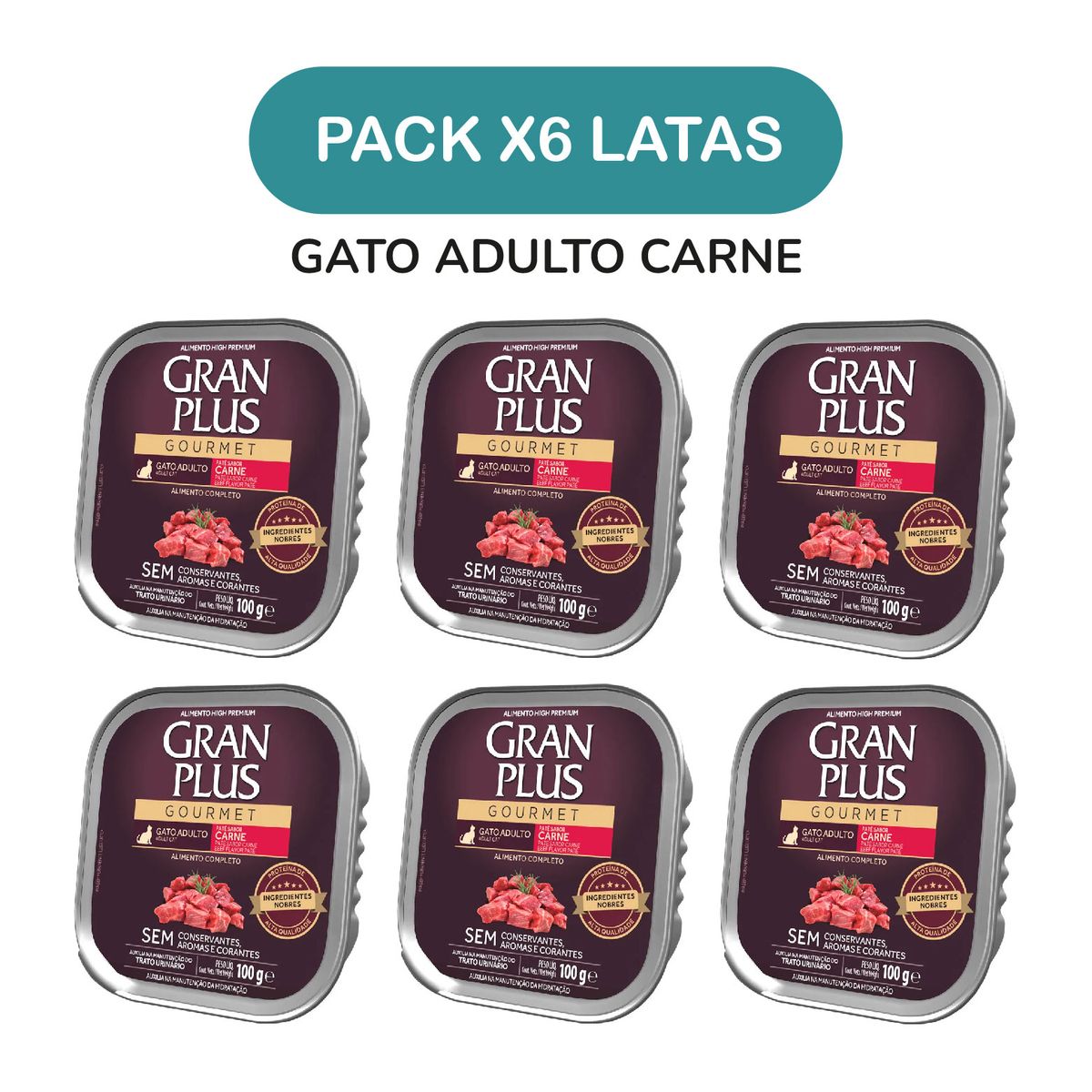 GRAN PLUS - Pack x6 Paté Gran Plus Gourmet para Gato Adulto Carne 100g