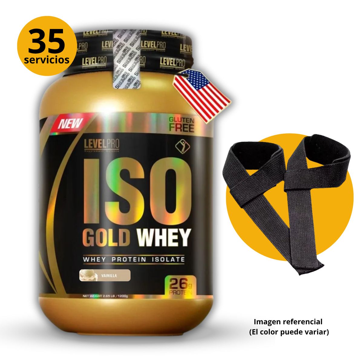 LEVEL PRO - ISO GOLD WHEY DE 1kg VAINILLA CON STRAPS - PROTEÍNA ISOLATADA