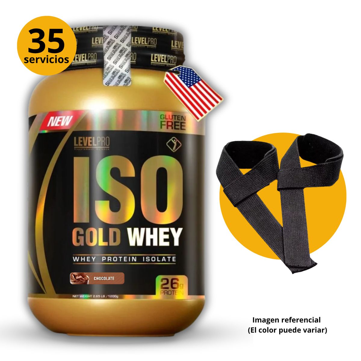 LEVEL PRO - ISO GOLD WHEY DE 1kg CHOCOLATE CON STRAPS - PROTEÍNA ISOLATADA