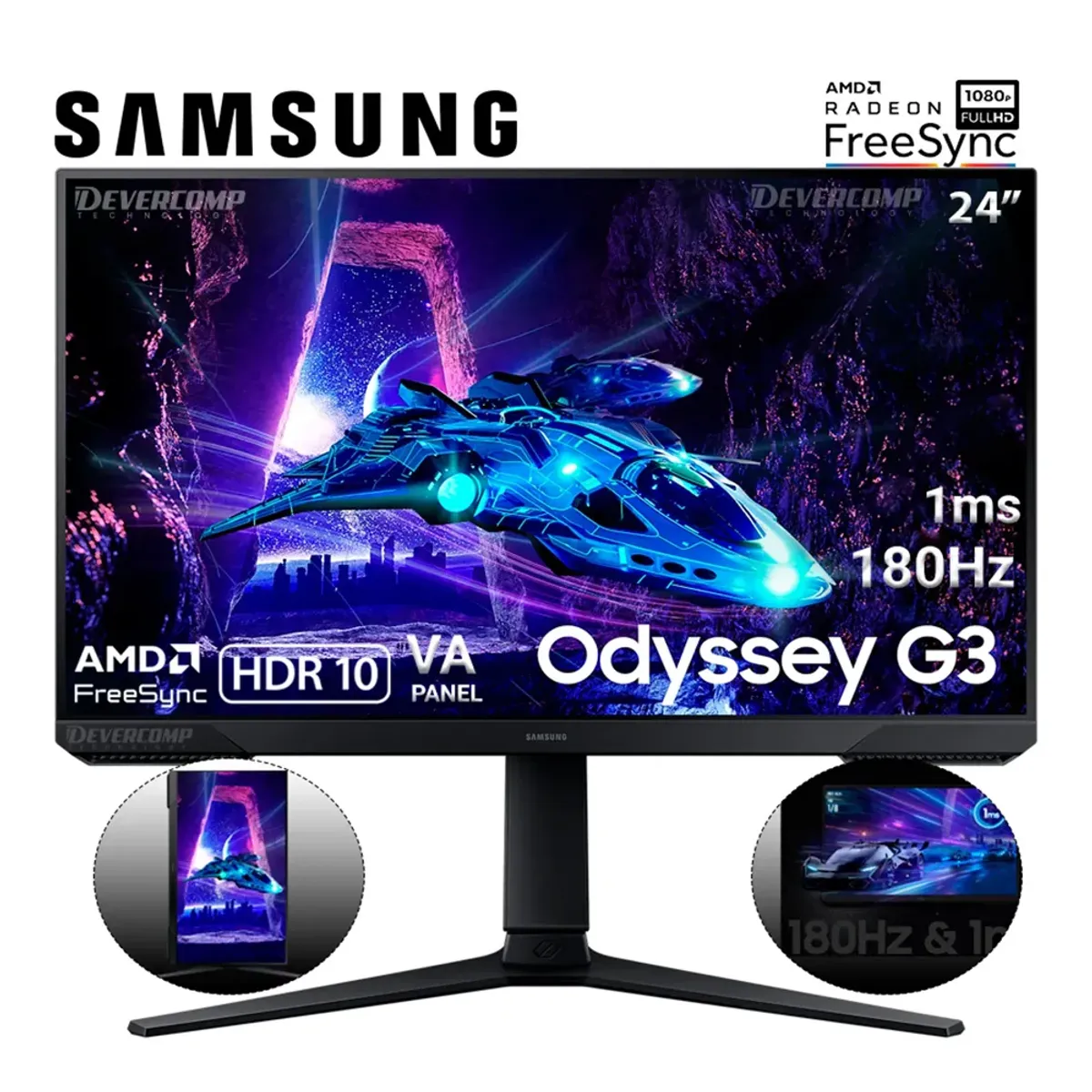 Monitor Gamer Samsung LS24DG300ELXPE Odyssey G3 24 FHD VA 180 Hz 1MS HDMI DP, marca SAMSUNG - Foto Principal