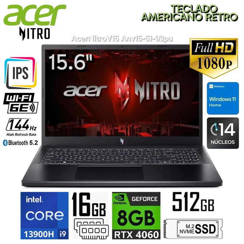 ACER - LAPTOP ACER NITRO V15-51-93PU / INTEL i9-13900H / 512 GB SSD / 16 GB / RTX 4060 / 15.6" 144HZ