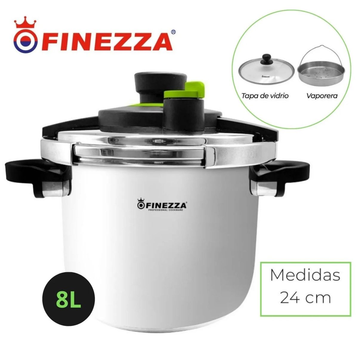 FINEZZA - Olla a presión Finezza 8 Litros Acero Inox  con Vaporera y tapa