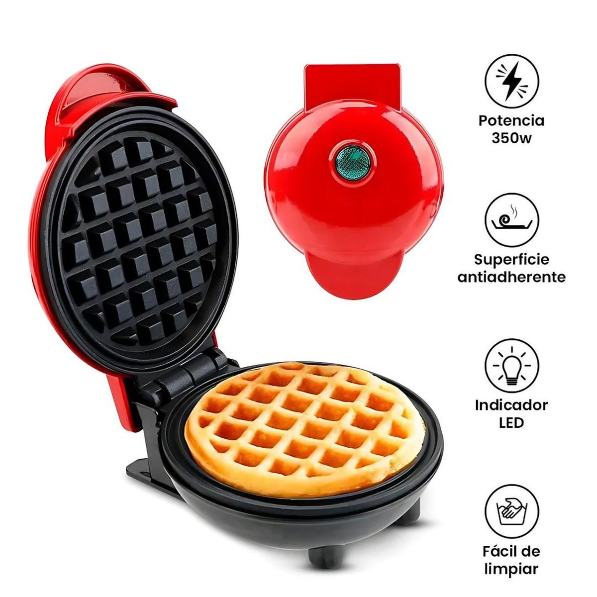 GENERICO - Mini Wafflera Antiadherente Eléctrica Portátil de 350W Rojo