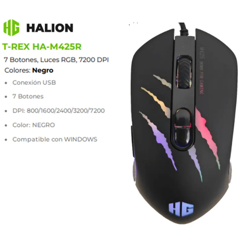 HALION - Mouse Gamer T-REX HA-M425R USB DPI 800/ 1600/ 2400/ 3200/ 7200 HALION