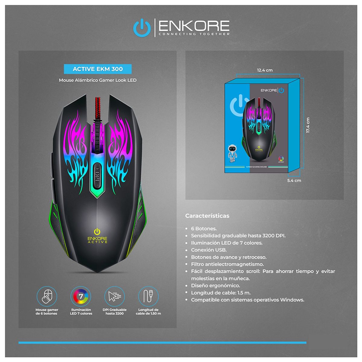 ENKORE - Mouse Gamer Enkore Active Ekm300 Usb Led - 3200 Dpi Gris Acero