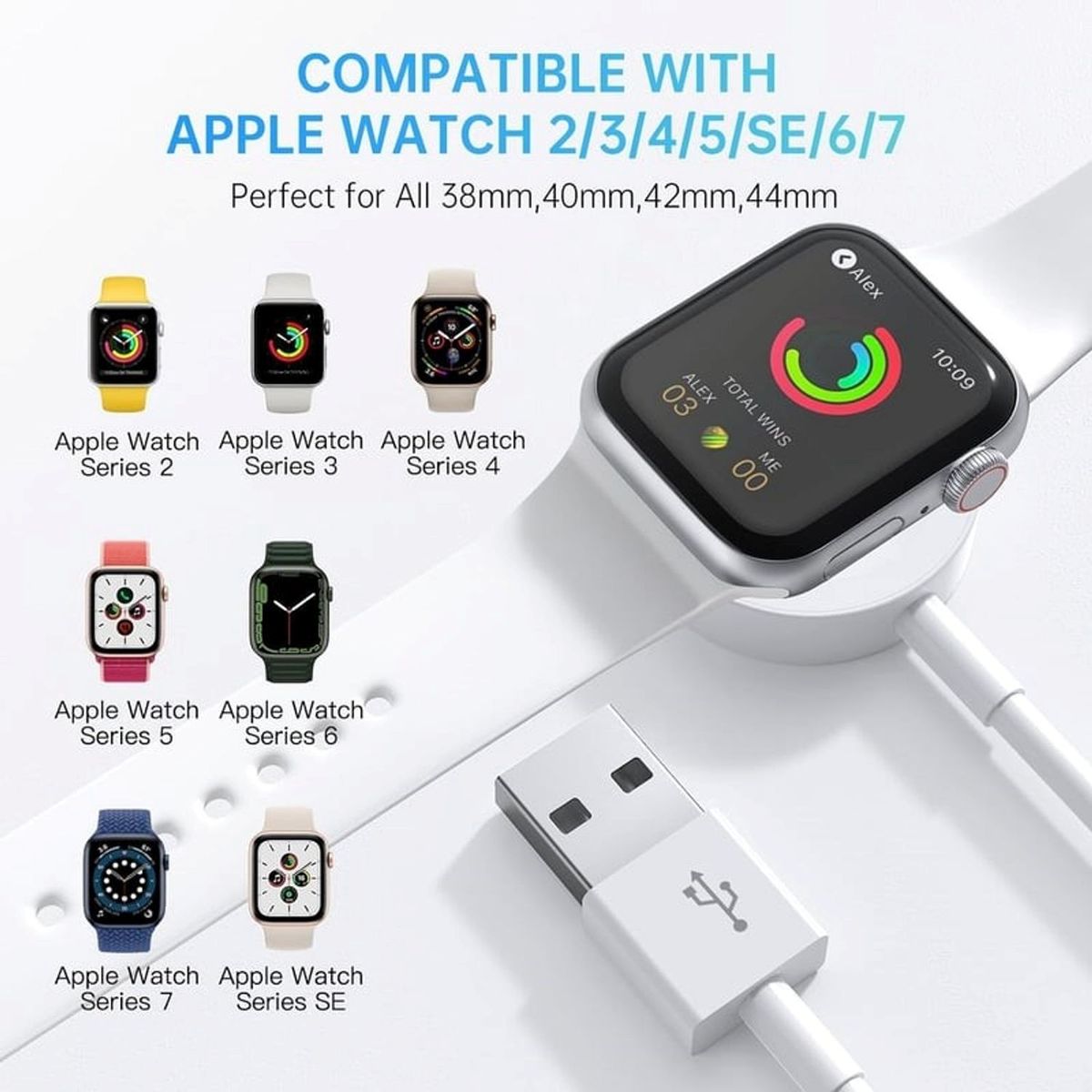 GENERICO - Cargador Magnético COMPATIBLE con Apple Watch Cable Tipo Usb 1M Blanco