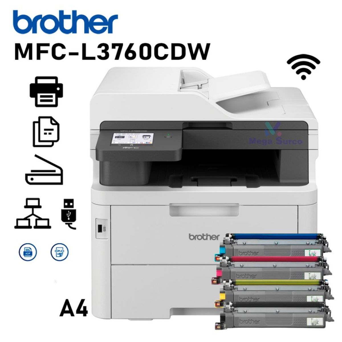 BROTHER - Impresora Láser MULTIFUNCIONAL color Brother MFC-L3760CDW Duplex WIFI Red ADF FAX