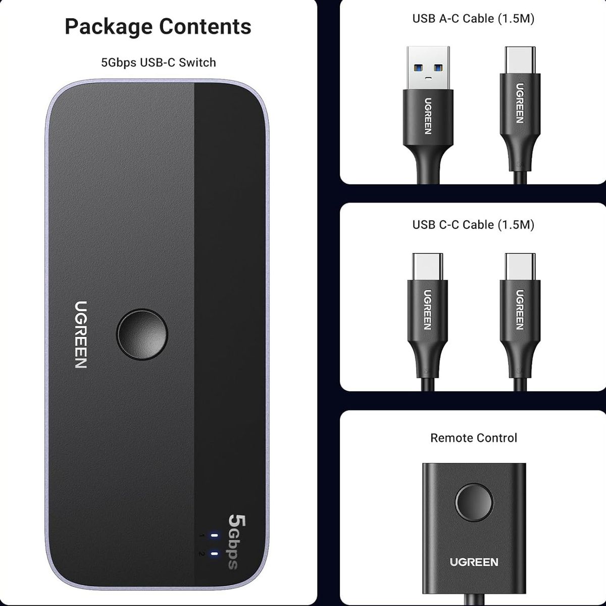 UGREEN - Switch Conmutador 2 PC a 4 USB-C USB-A 3.0, Plug & Play CM687 - 25098