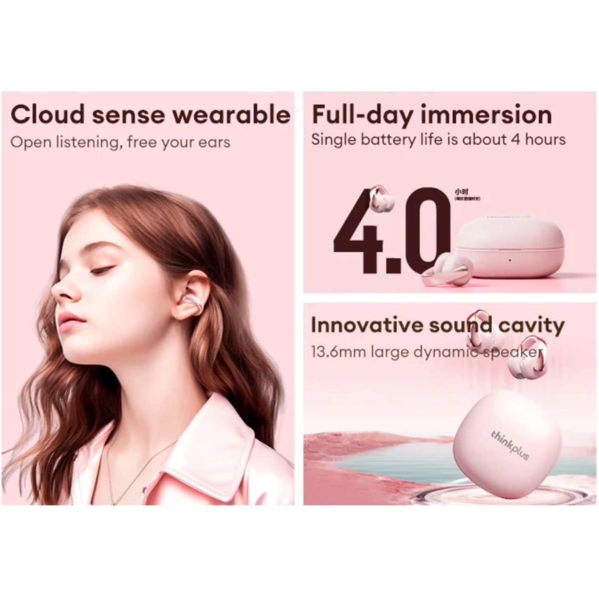 LENOVO - Audífono Lenovo LP38 Clip ear Rosado 30h Bluetooth 5.4