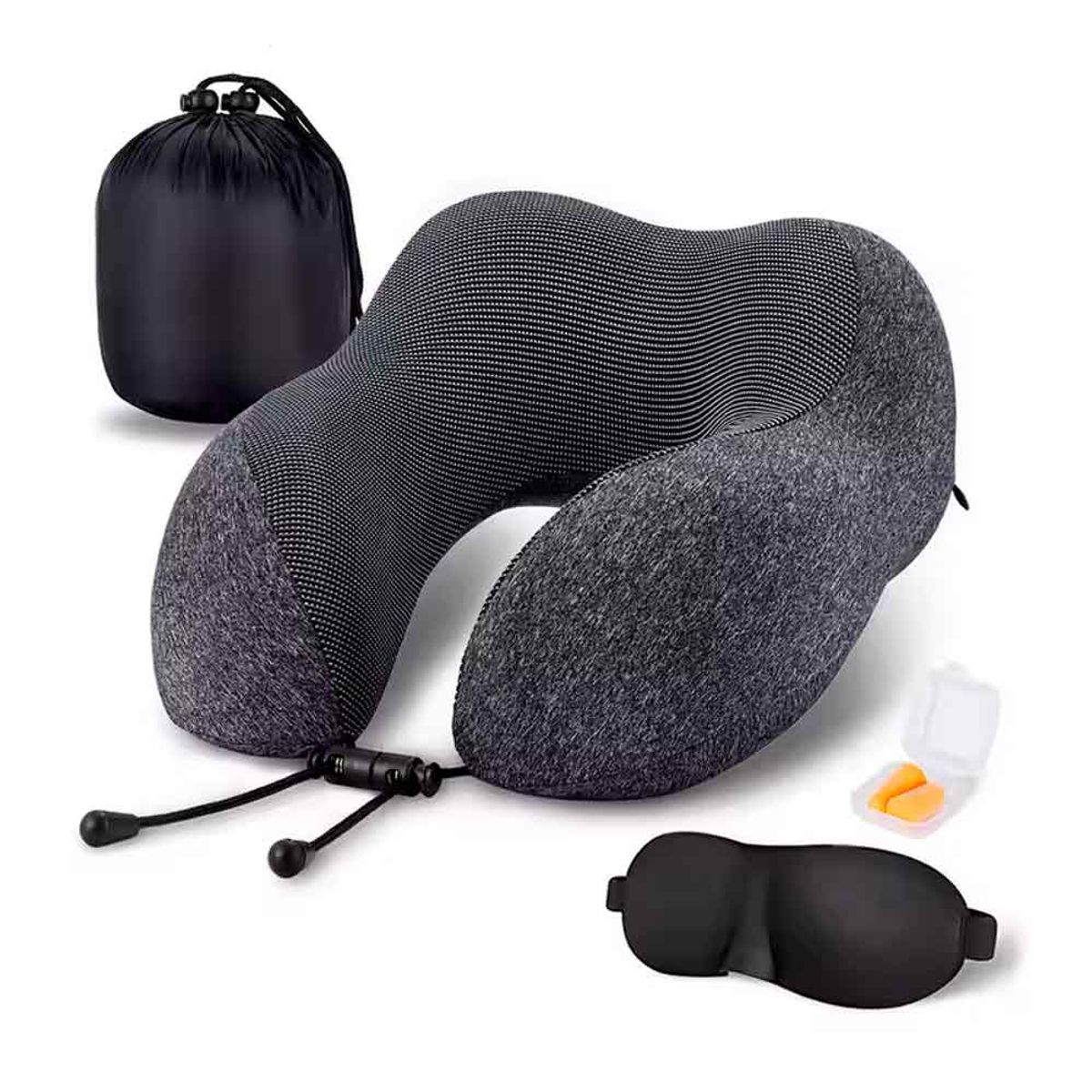 VARIOS - Set Almohada de Cuello para Viaje con Antifaz y Tapones de Oídos Gris