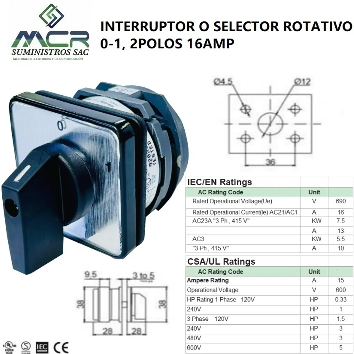 INTERRUPTOR O SELECTOR ROTATIVO 0-1, 2 POLOS, 16 AMP, marca GENERICO - Foto Principal