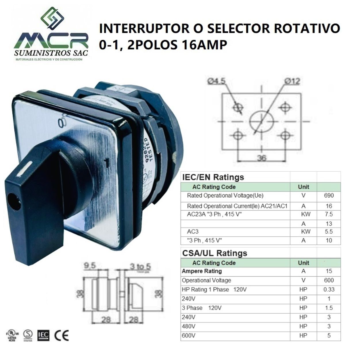 INTERRUPTOR O SELECTOR ROTATIVO 0-1, 2 POLOS, 16 AMP, marca GENERICO - Foto Principal