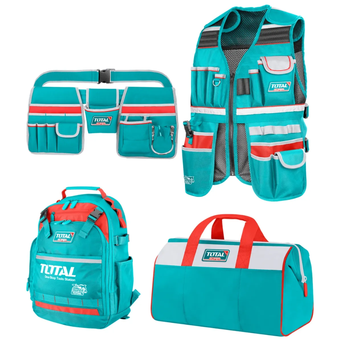 TOTAL - MOCHILA PORTAHERRAMIENTAS, MALETA, CHALECO, COMBO 4 EN 1