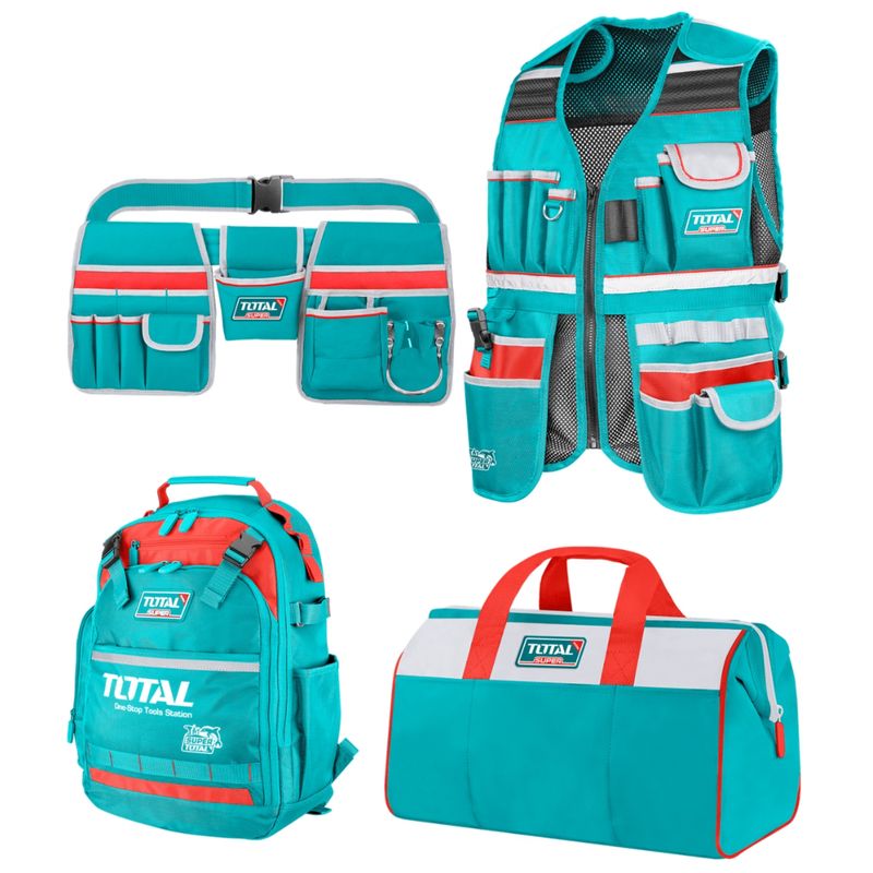 TOTAL - MOCHILA PORTAHERRAMIENTAS, MALETA, CHALECO, COMBO 4 EN 1