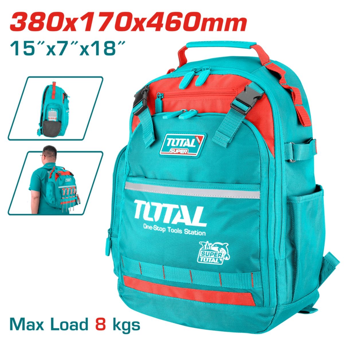 TOTAL - MOCHILA PORTAHERRAMIENTAS, MALETA, CHALECO, COMBO 4 EN 1