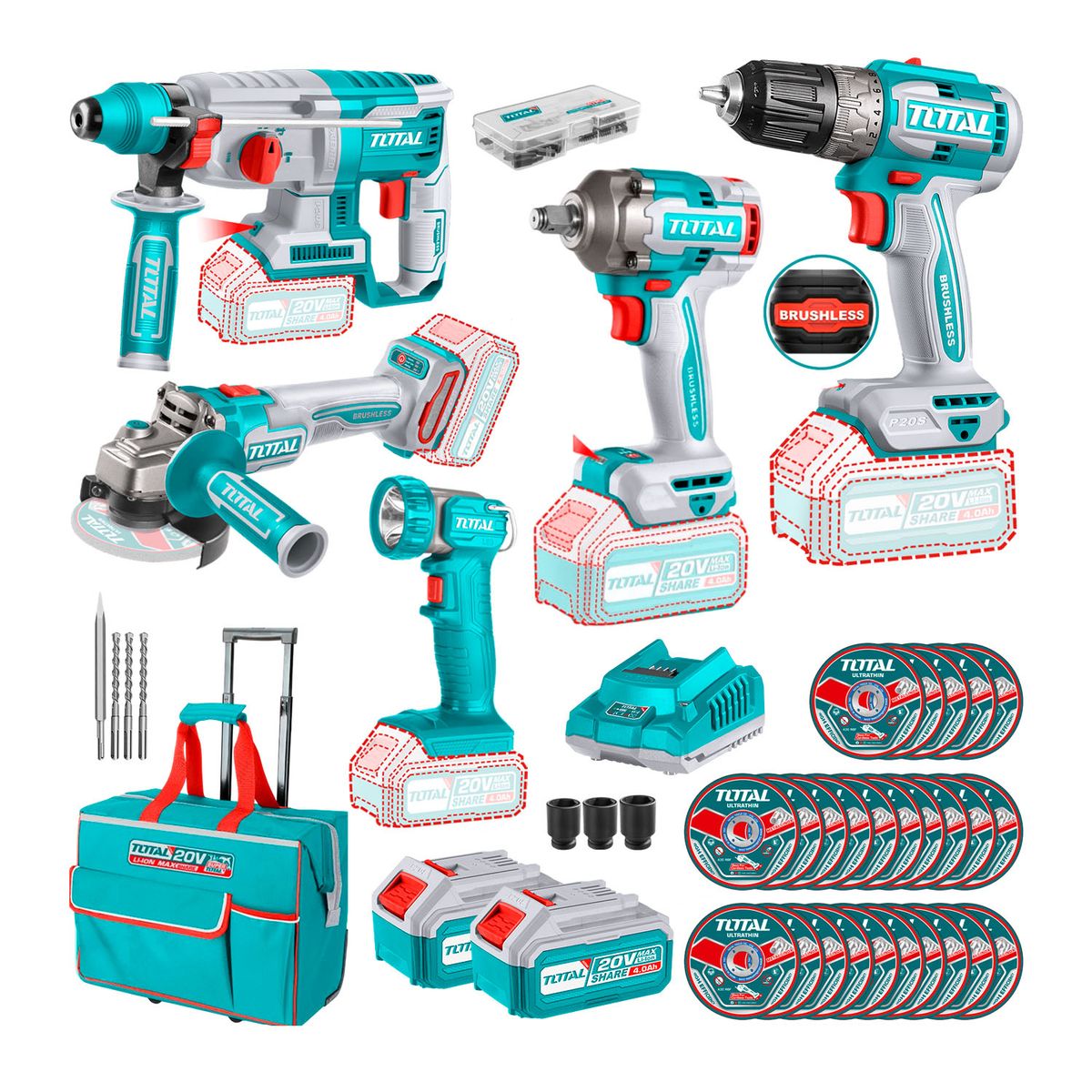 TOTAL TOOLS - Atornillador + Amoladora + Rotomartillo +linterna 20v- Total