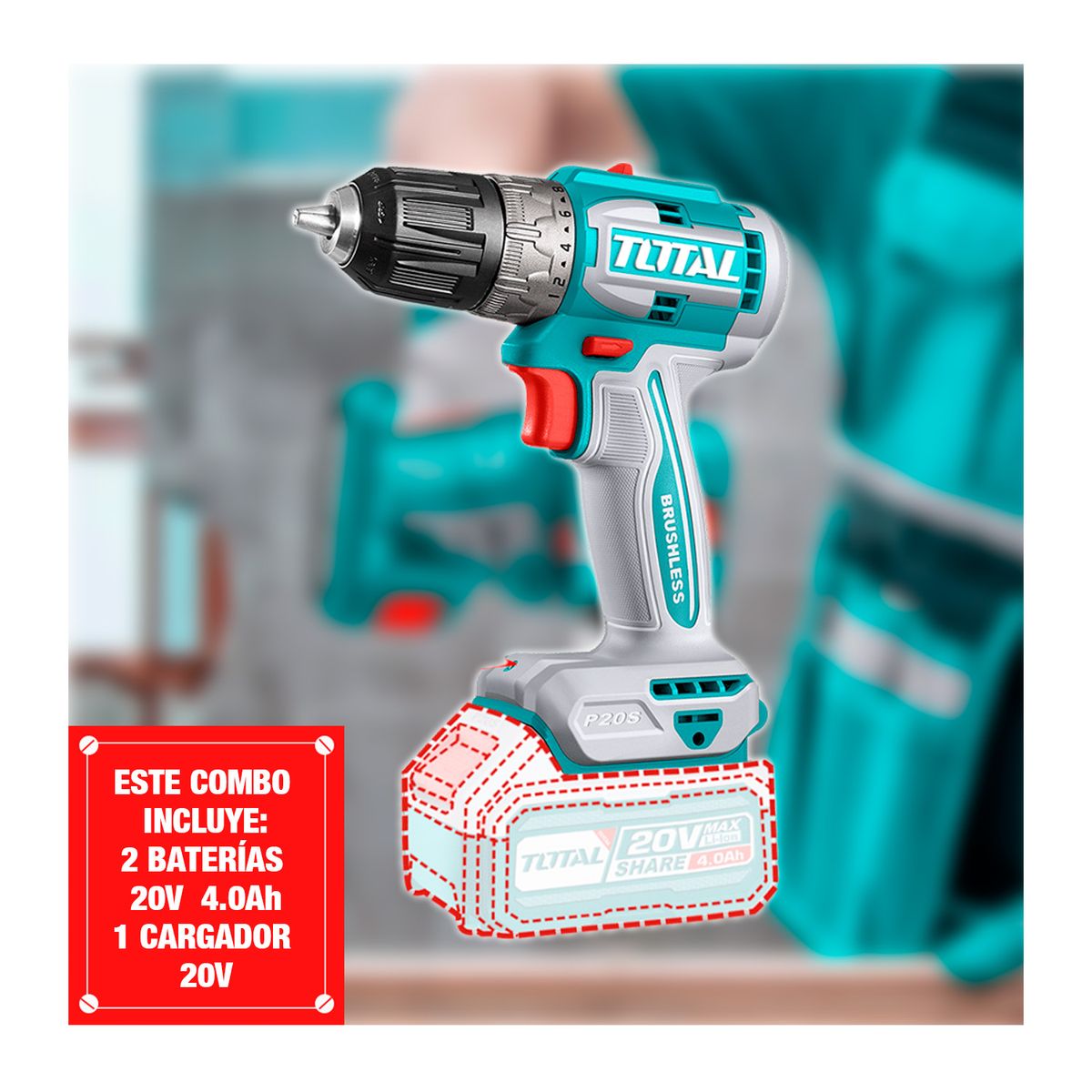 TOTAL TOOLS - Atornillador + Amoladora + Rotomartillo +linterna 20v- Total