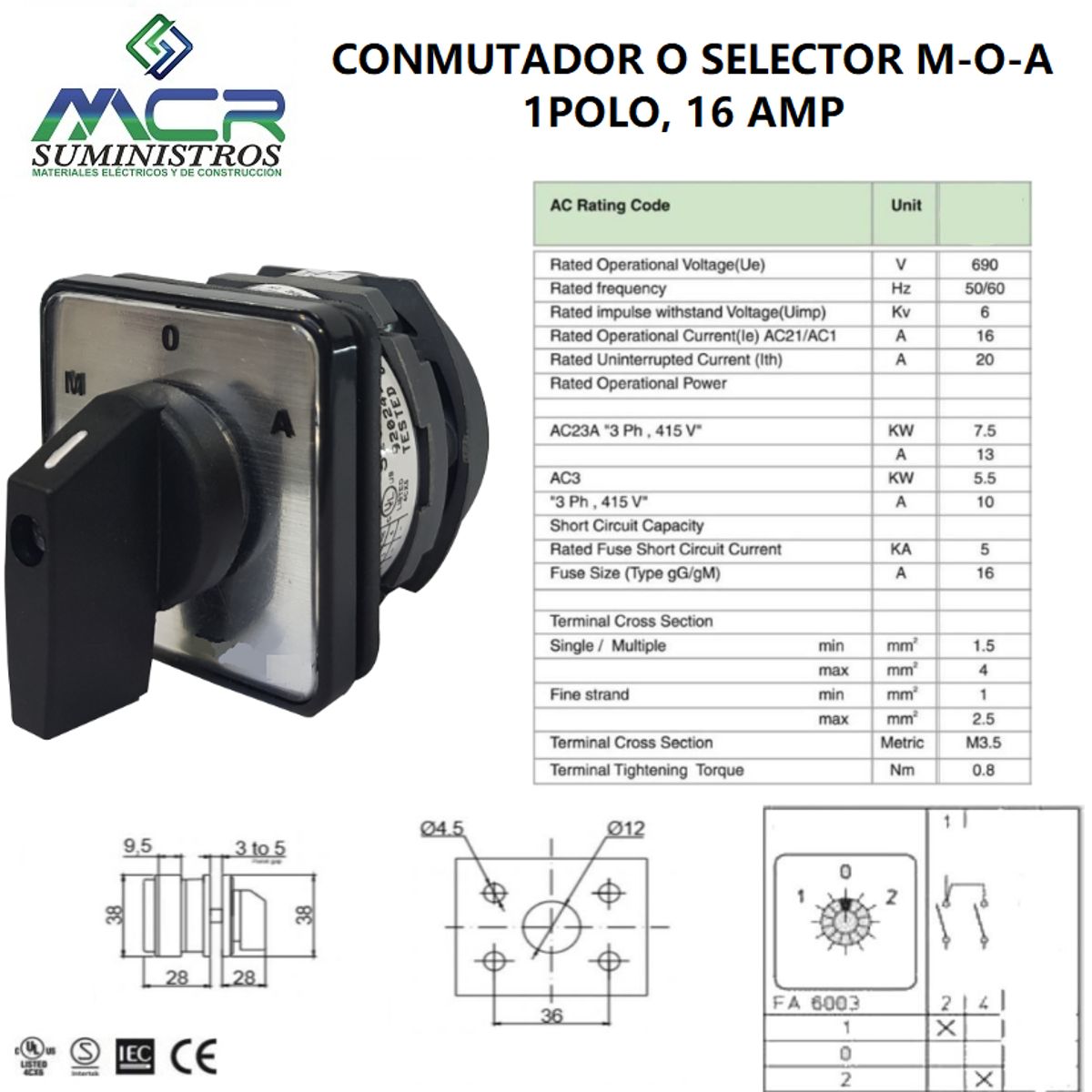 GENERICO - CONMUTADOR O SELECTOR M-O-A, 1 POLO, 16AMP