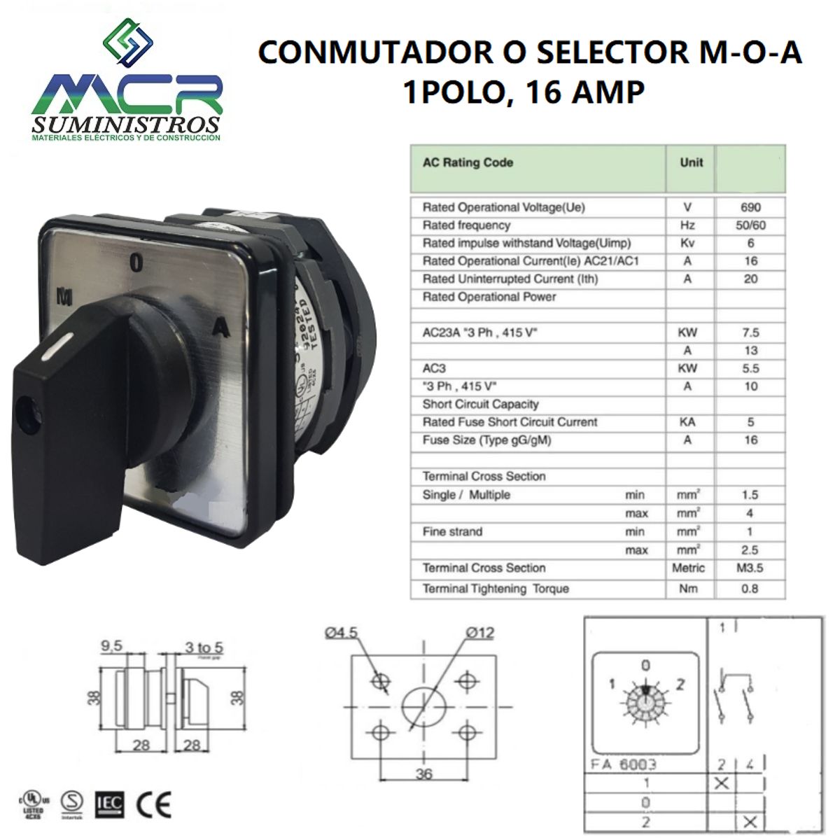 GENERICO - CONMUTADOR O SELECTOR M-O-A, 1 POLO, 16AMP