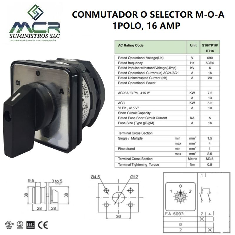 GENERICO - CONMUTADOR O SELECTOR M-O-A, 1 POLO, 16AMP
