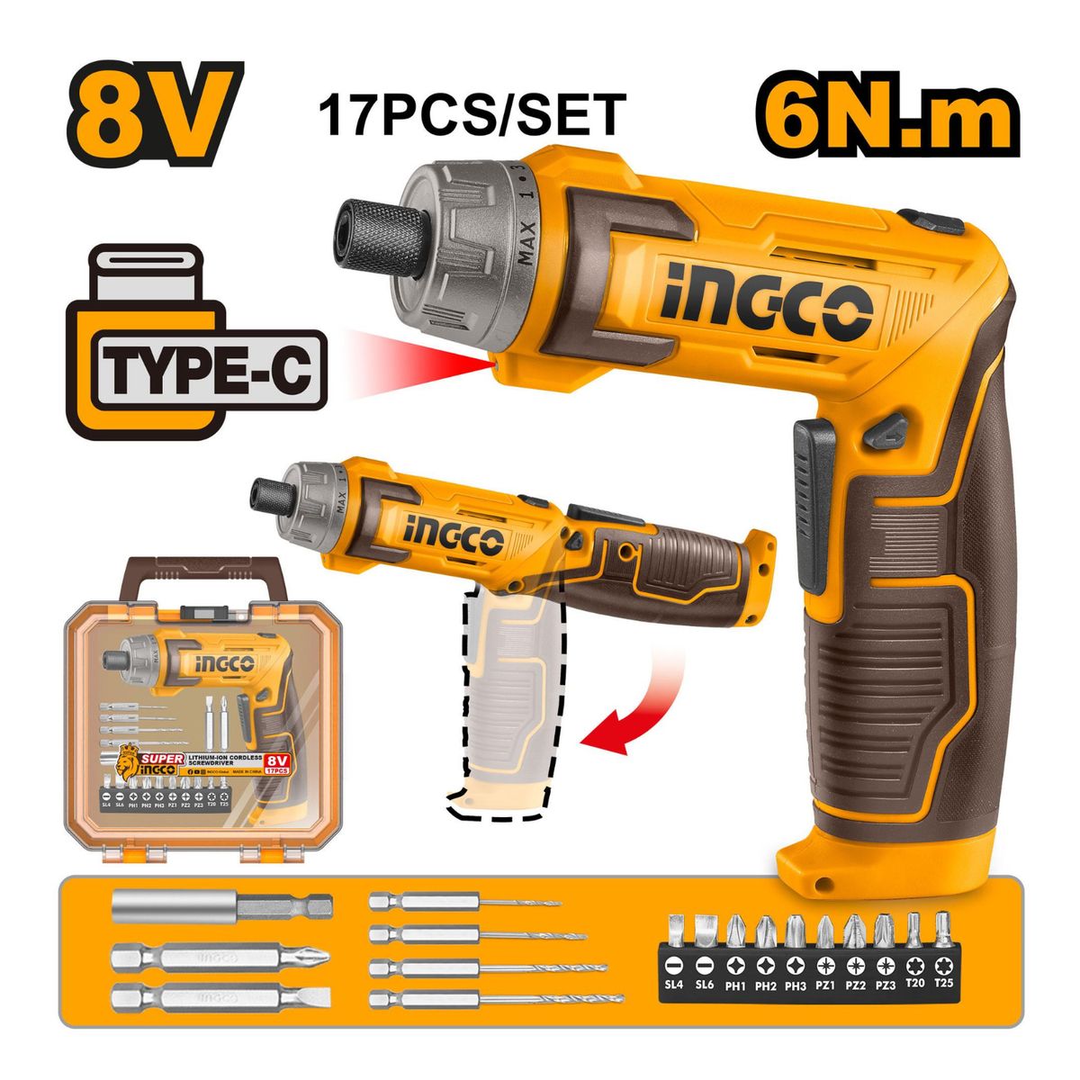 INGCO TOOLS - CSDLI08025 DESTORNILLADOR INALÁMBRICO 8V 6NM