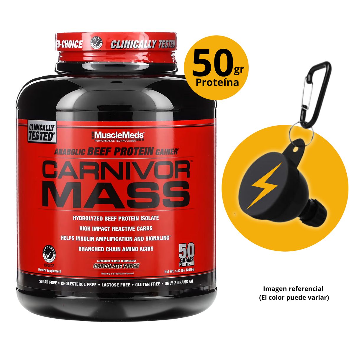 MUSCLEMEDS - CARNIVOR MASS 5LB CHOCOLATE + PORTASUPLEMENTOS - GANADOR DE MASA