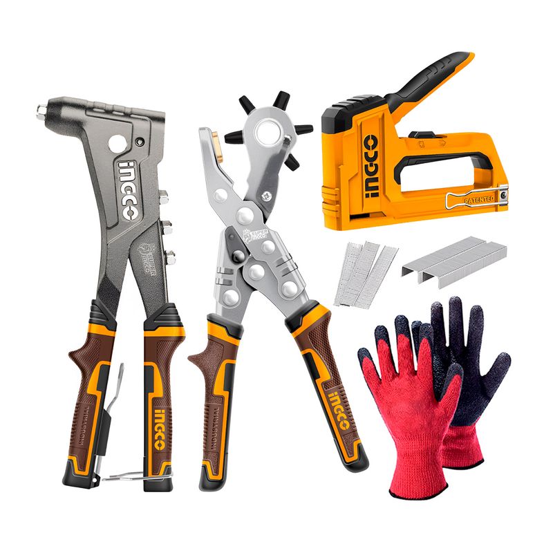 INGCO TOOLS - Set 3 Herramienta Fijación Ingco Perforar Engrapar Guantes