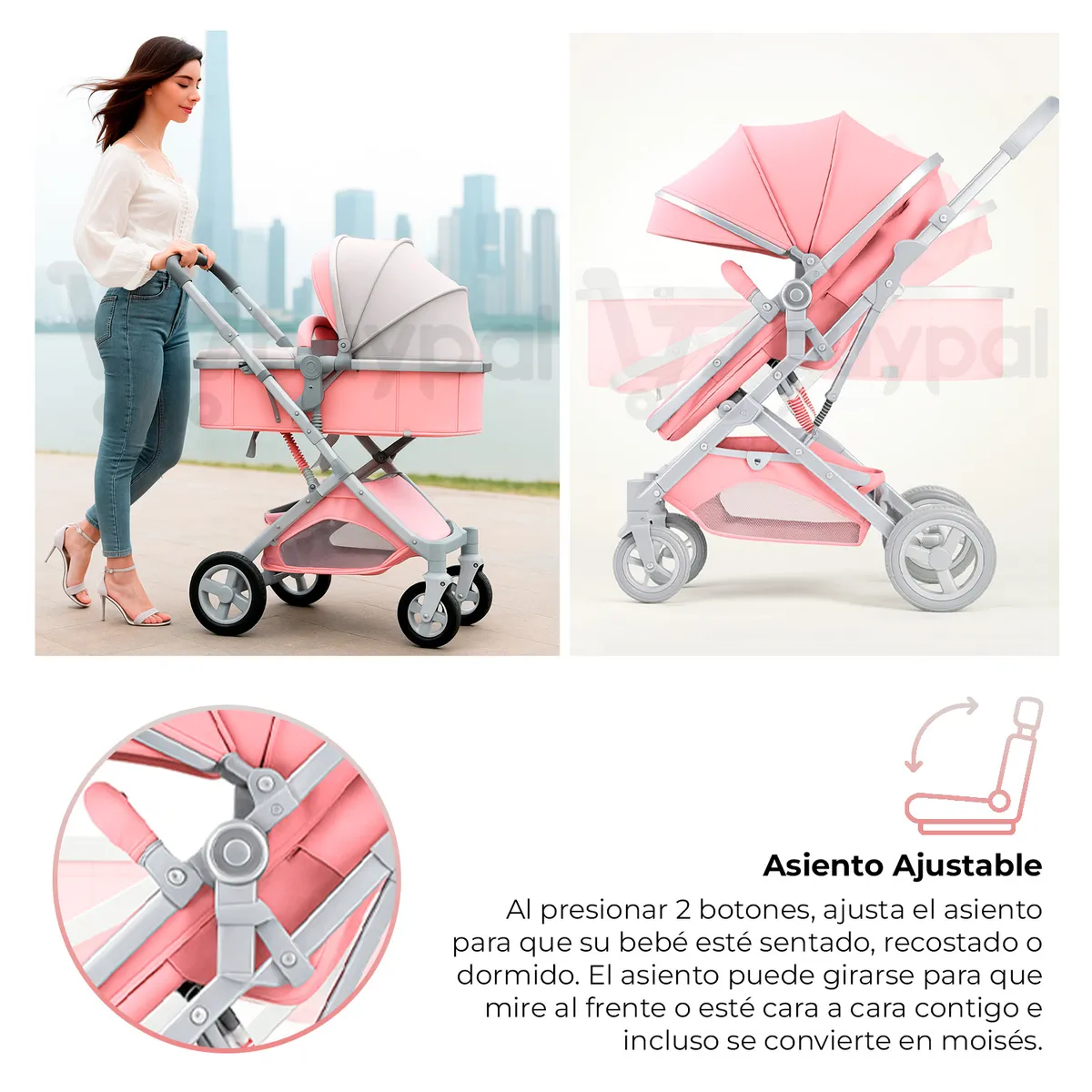 BABYPAL - Coche Bebés Moises Plegable Multifuncional Comodidad Rosado