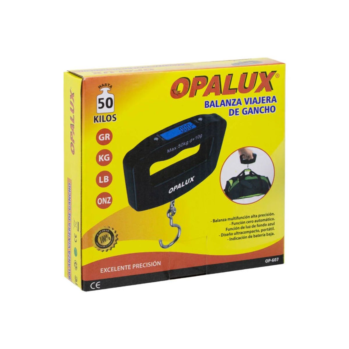 OPALUX - Balanza De Gancho 50kg Opalux 2 Pilas Aaa Opcion Hold Cjx OP-607