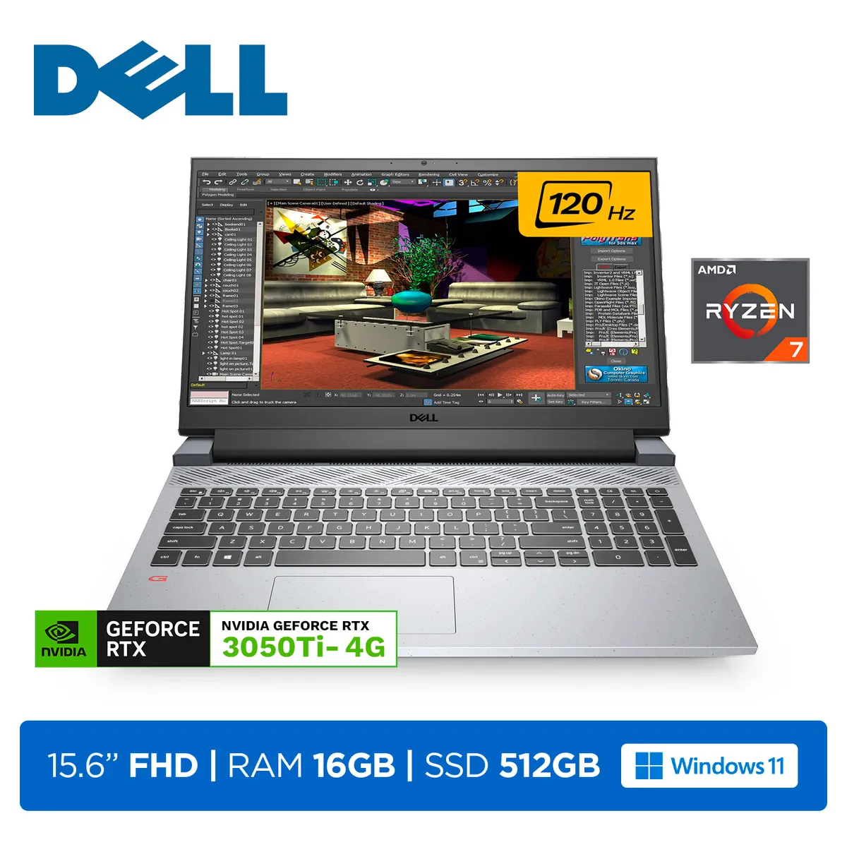 DELL - Laptop Dell G15 Gaming/Ryzen 7 5800H/RAM 16GB/SSD 512GB/Video 4GB RTX 3050Ti/LED 15.6"FHD 120Hz/W11H/Grey
