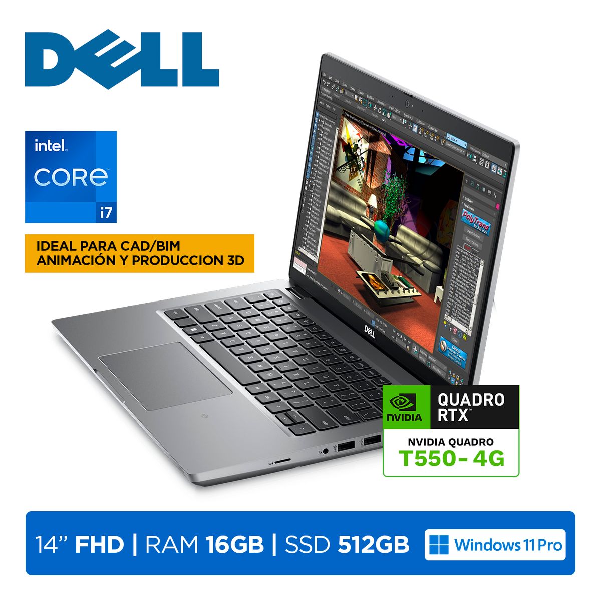 DELL - Laptop Dell Precision 3470,Core i7-1260P,RAM 16GB,SSD 512GB,Video 4GB Quadro T550, LED 14 FHD,W11P,Black