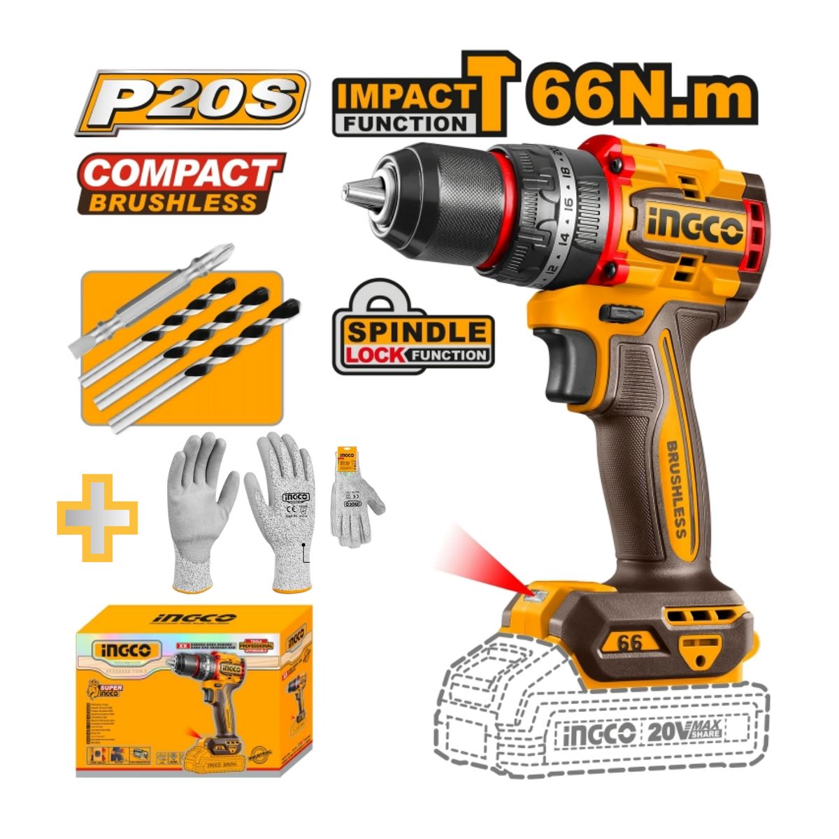 INGCO TOOLS - TALADRO PERCUTOR A BATERÍA 20V (CIDLI206681)  + GUANTES ANTI CORTE XL (HGCG02-XL)