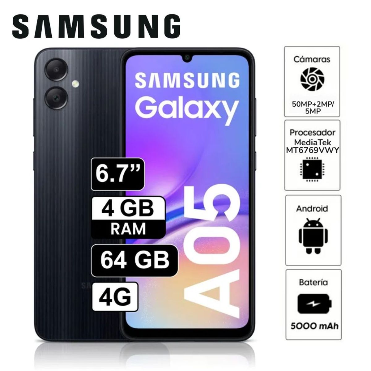 SAMSUNG - Celular Samsung Galaxy A05 6.7"  Pulg 4GB RAM 64GB -Negro