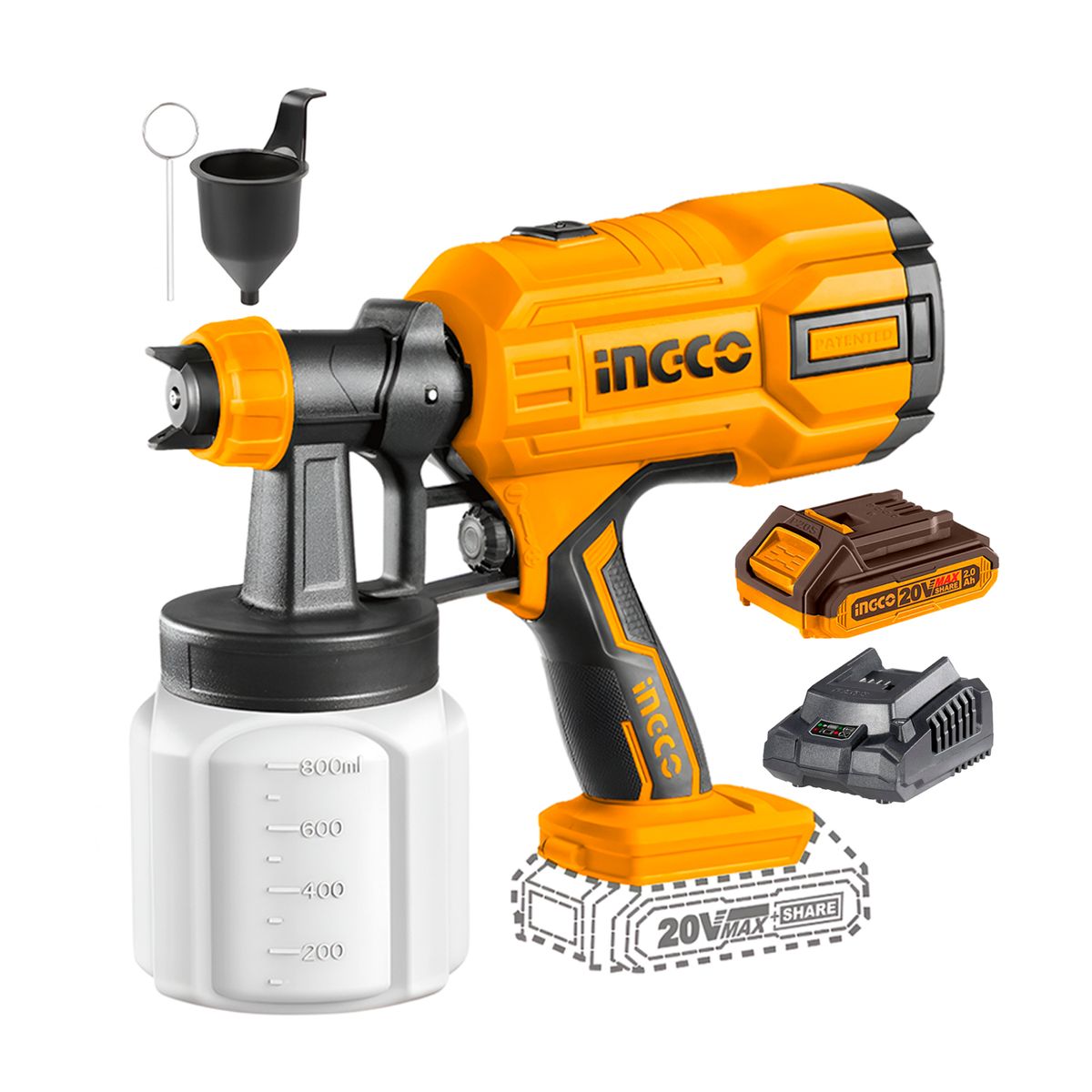 INGCO TOOLS - Pistola Pintar Eléctrica 800 Ml 20v Ingco + 1 Batería + Cargador