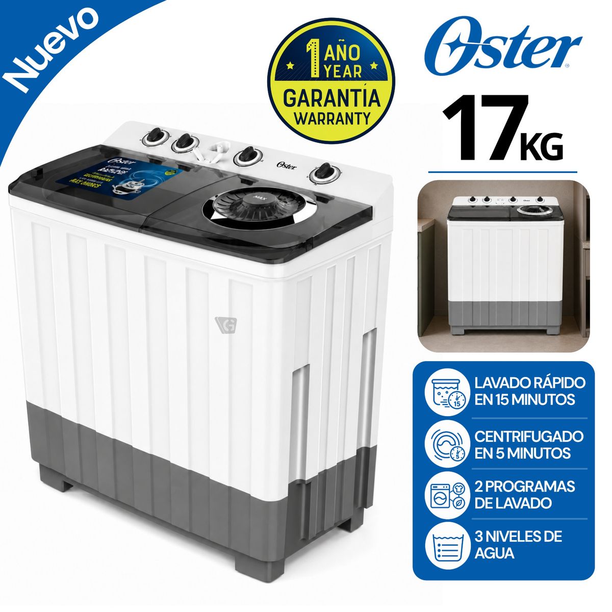 OSTER - Lavadora semiautomática de 17 kg blanca Oster  - OS-SAWMK0017W