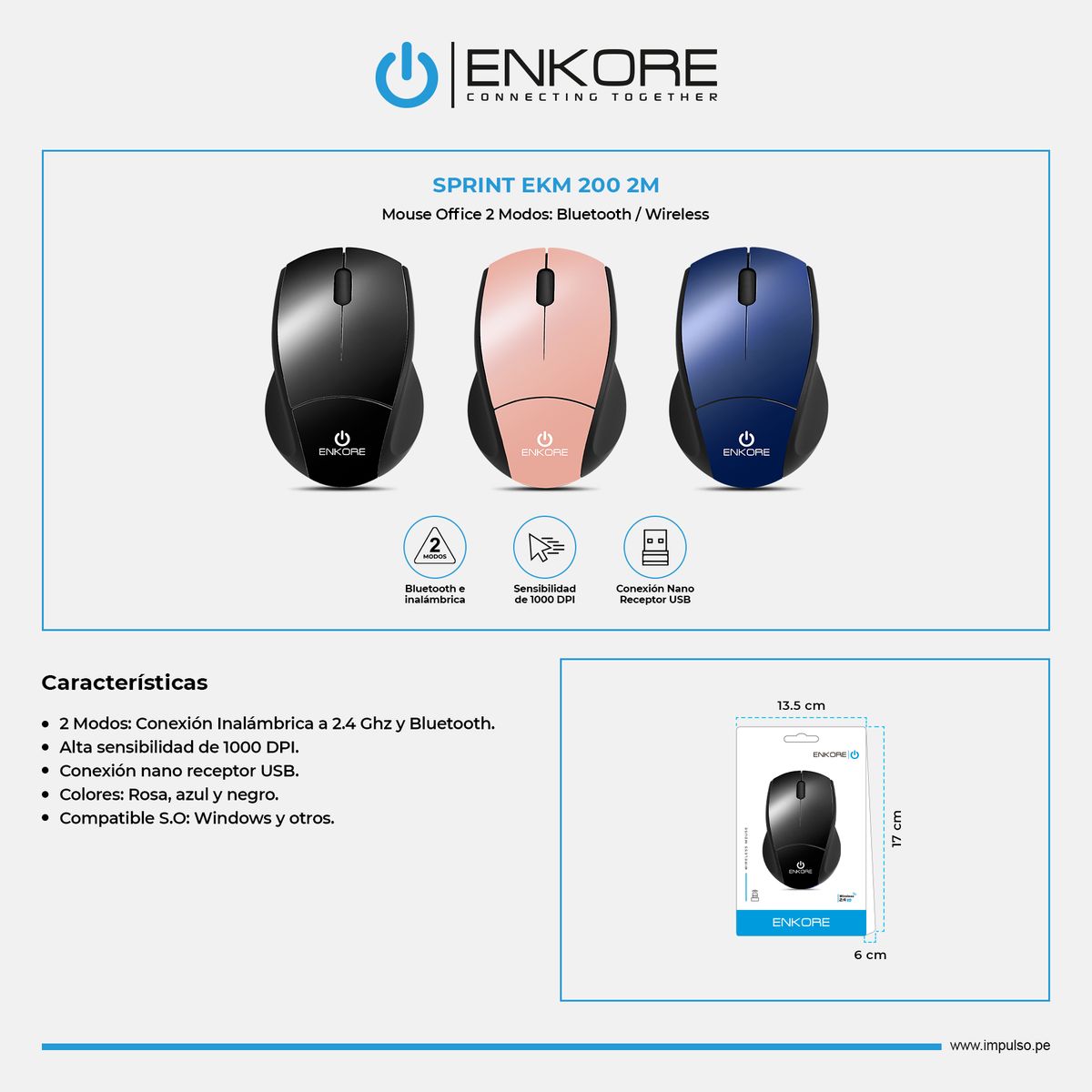 ENKORE - Mouse 2 Modos:Bluetooth Inalámbrico 1000DPI Rosa Enkore Sprint 200-2M