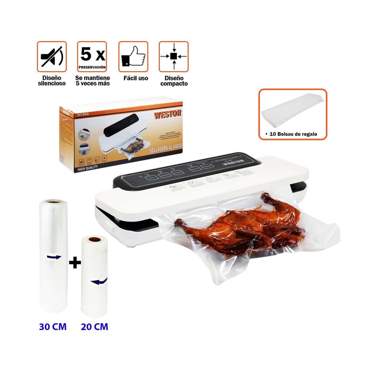 WESTOR - Selladora al Vacío + 2 Rollo de Bolsas Gofradas KIT-WT-D05 WESTOR