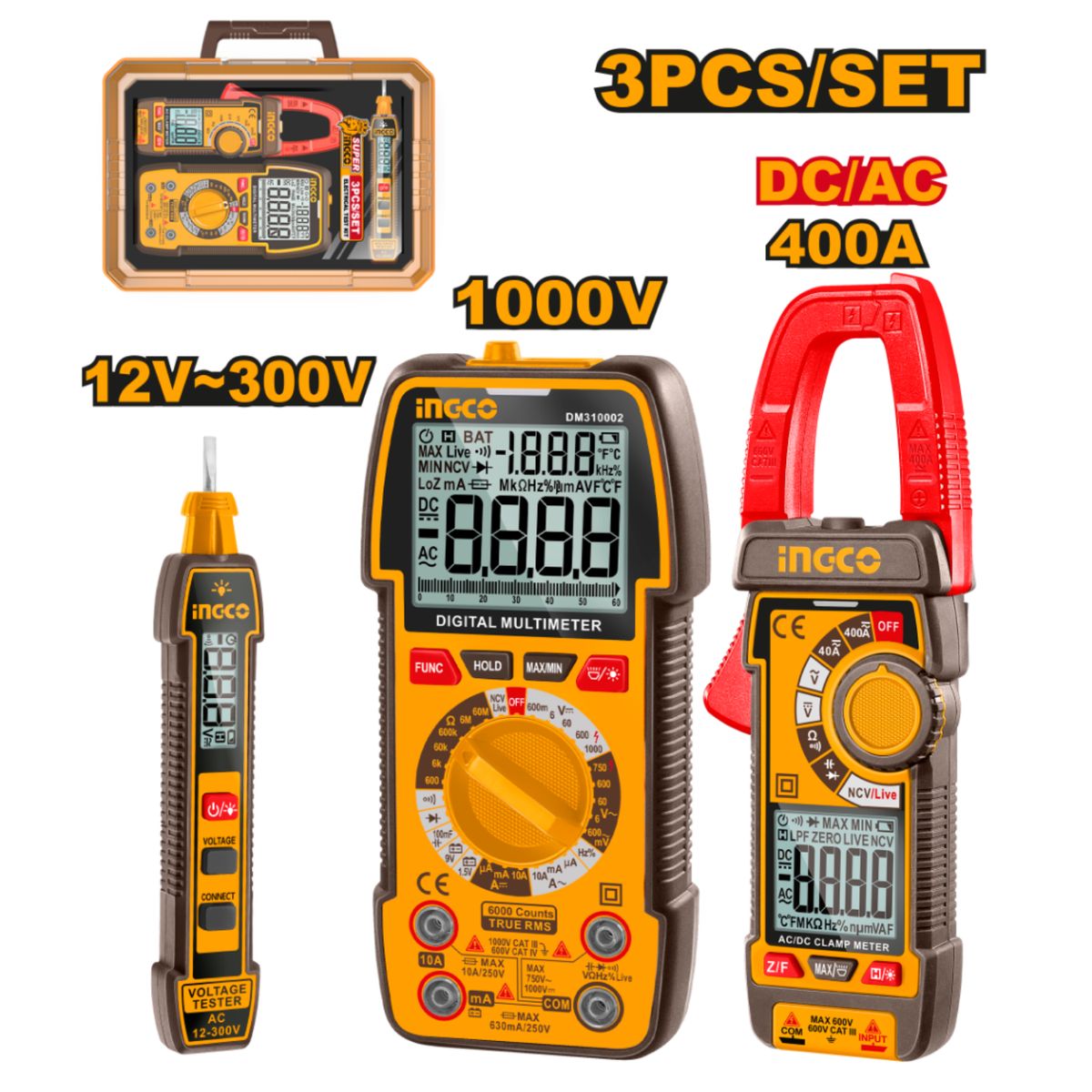 INGCO TOOLS - COS24067 KIT INGO MULTÍMETRO DIGITAL, PINZA  AMPERIMÉTRICA Y DETECTOR VOLTAJE