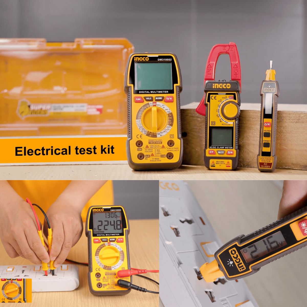 INGCO TOOLS - COS24067 KIT INGO MULTÍMETRO DIGITAL, PINZA  AMPERIMÉTRICA Y DETECTOR VOLTAJE