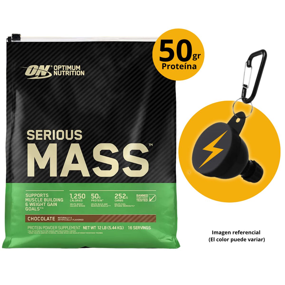 OPTIMUN NUTRITION - SERIOUS MASS 12LB CHOCOLATE + PORTASUPLEMENTOS - GANADOR MASA