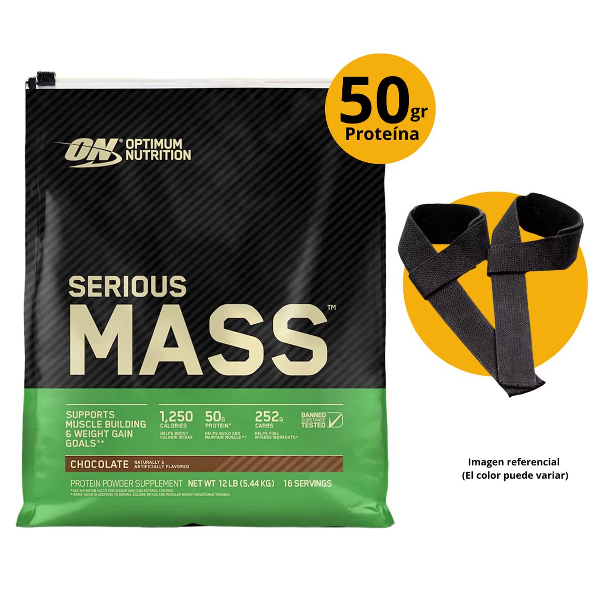 OPTIMUN NUTRITION - SERIOUS MASS 12LB CHOCOLATE + STRAPS - GANADOR MASA