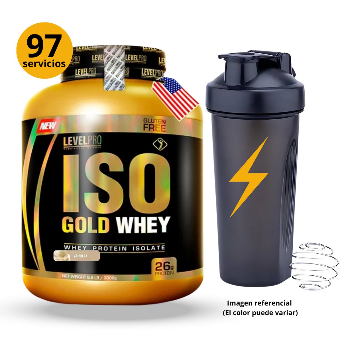 LEVEL PRO - ISO GOLD WHEY DE 3kg VAINILLA CON SHAKER - PROTEÍNA ISOLATADA