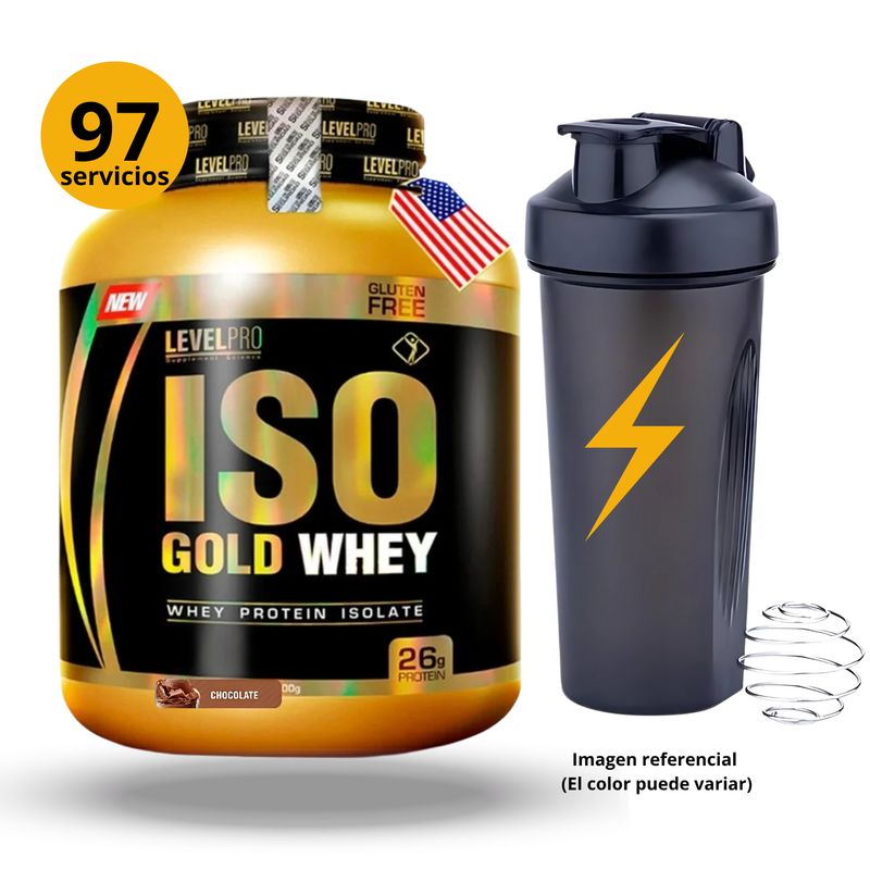 LEVEL PRO - ISOGOLDWHEY DE 3kg CHOCOLATE CON SHAKER - PROTEÍNA ISOLATADA